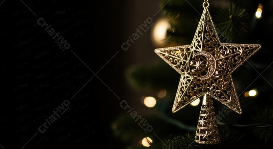 Estrela de Natal dourada intrincada em árvore com luzes bokeh cintilantes