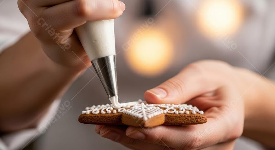 Mãos decorando biscoito de Natal em formato de estrela com glacê branco