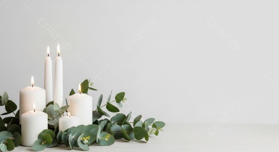 Velas brancas acesas com eucalipto fresco em fundo claro minimalista
