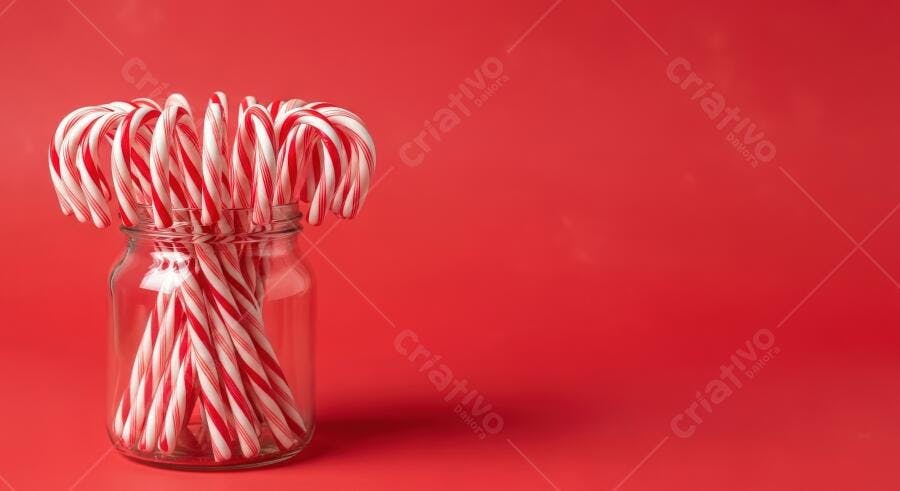 Bengalas de doces vermelhas e brancas em pote de vidro sobre fundo vermelho natalino
