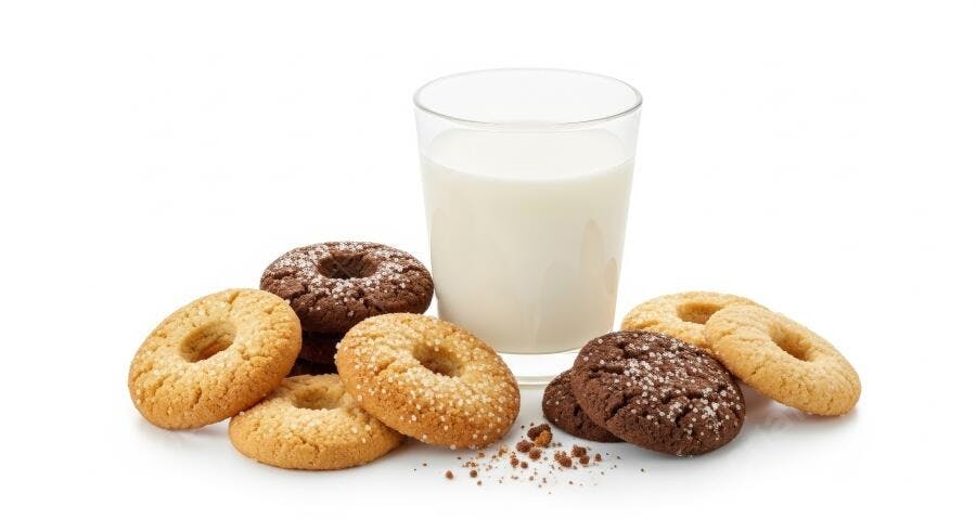 Biscoitos variados com leite fresco em copo transparente