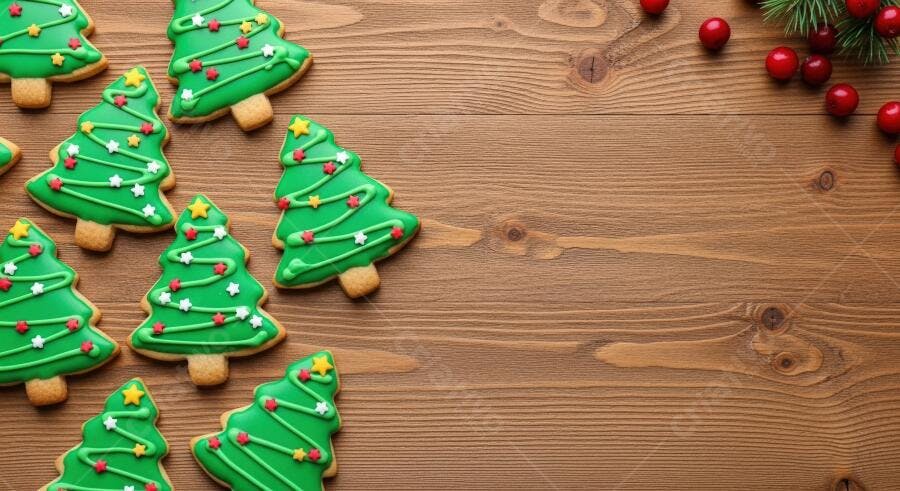 Biscoitos de Natal árvores verdes decorados em mesa de madeira festiva