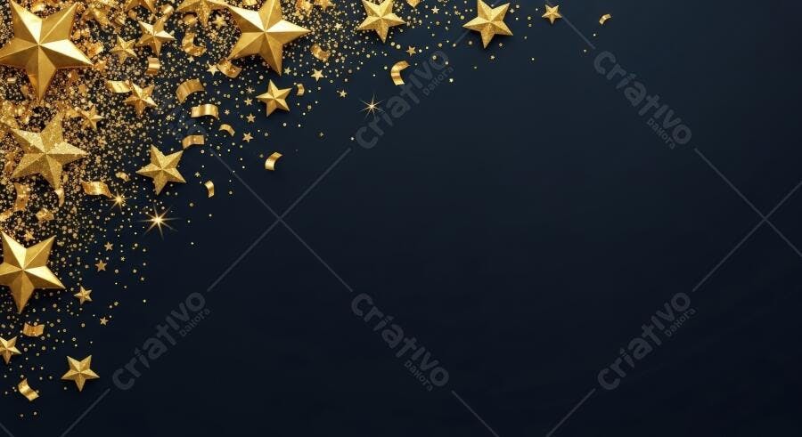 Estrelas douradas e confetes brilhantes em fundo azul marinho para celebração