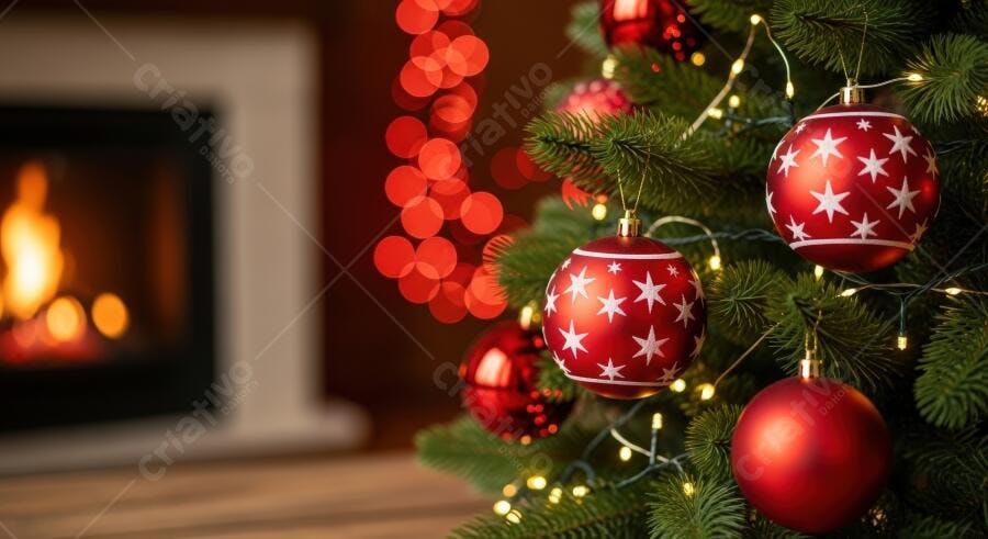 Árvore de Natal verde decorada com bolas vermelhas e luzes quentes perto da lareira