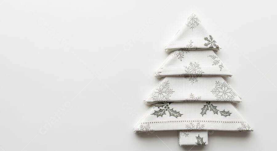 Árvore de Natal festiva feita de guardanapos brancos com flocos de neve e azevinho