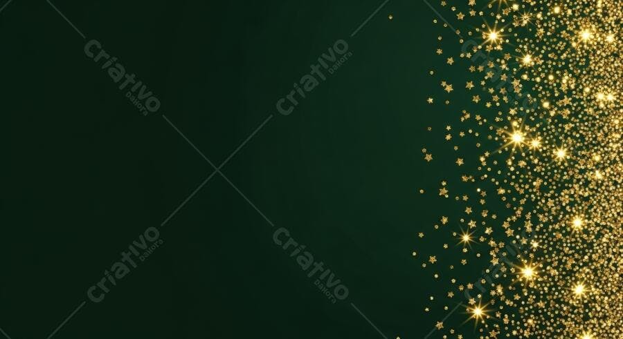 Estrelas e glitter dourados brilhantes em fundo verde escuro luxuoso