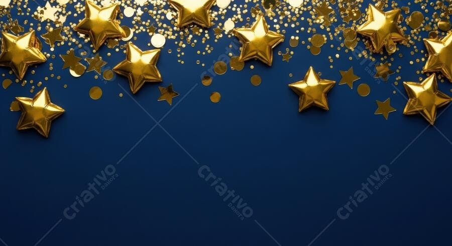 Estrelas douradas e confete brilhante em fundo azul escuro para festa