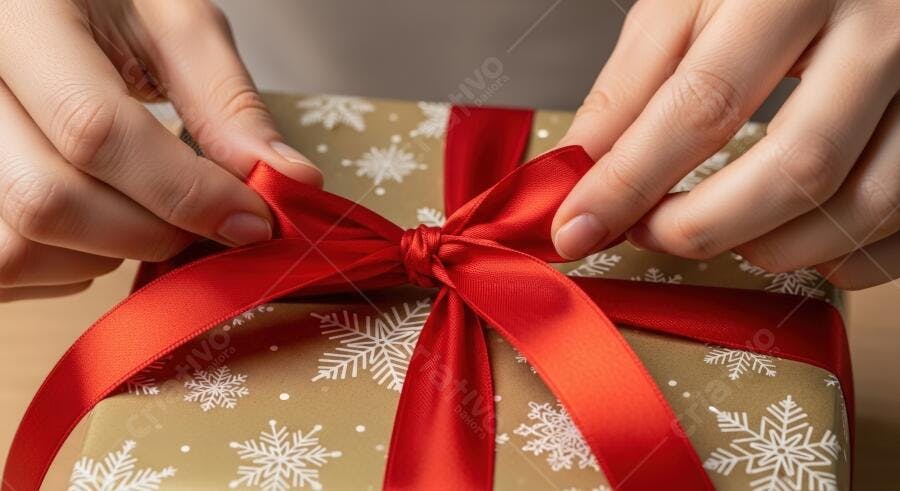 Mãos femininas amarrando laço vermelho em presente dourado de Natal