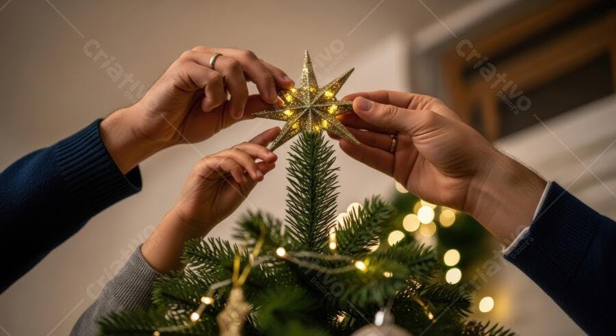 Mãos de família decorando árvore de Natal com estrela dourada iluminada