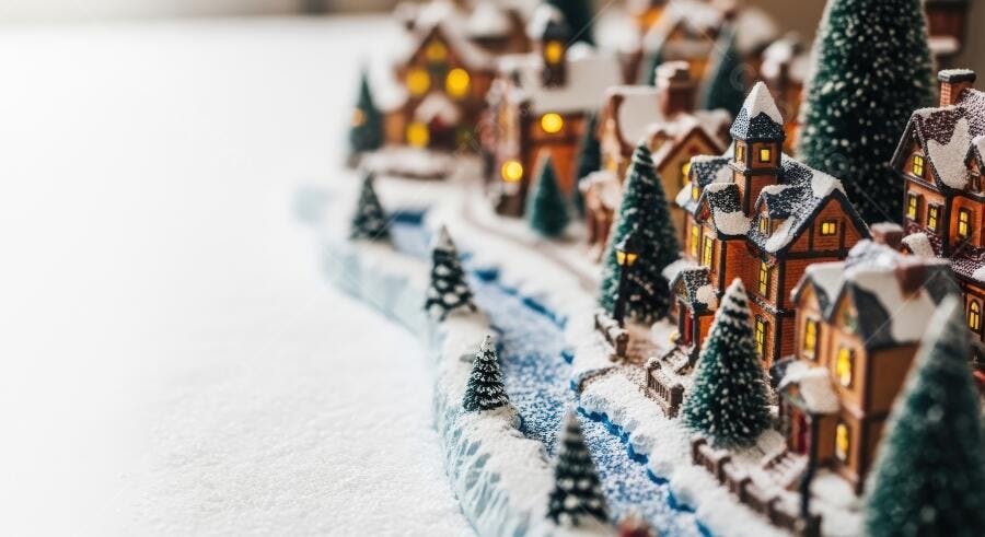 Vila de Natal em miniatura com casas iluminadas e árvores cobertas de neve festiva