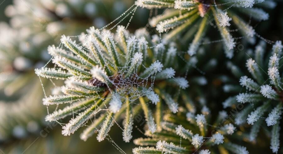 Agulhas de pinheiro verdes com geada e orvalho em teia de aranha ao amanhecer