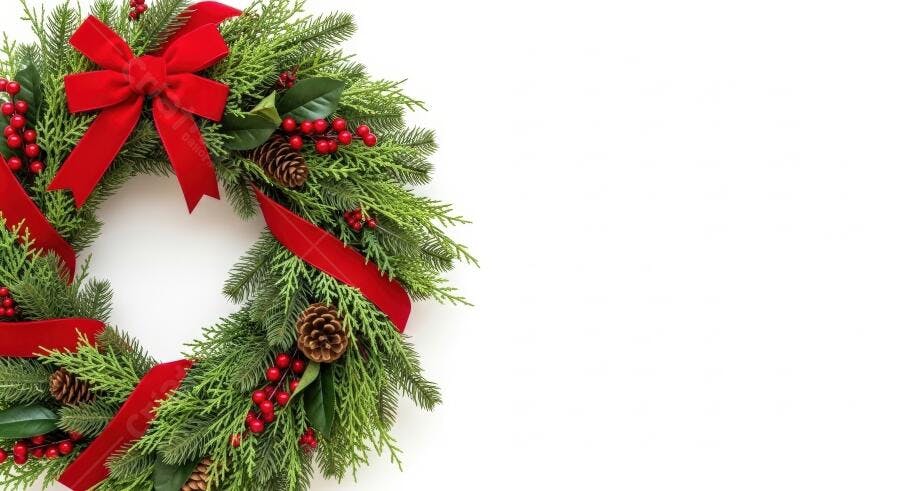 Guirlanda de Natal verde com laço vermelho pinhas e bagas em fundo branco