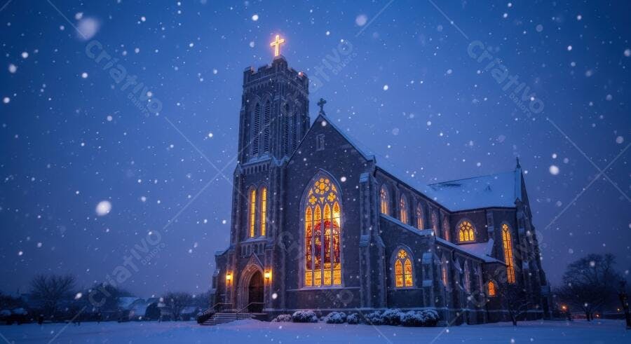 Igreja gótica iluminada sob neve intensa à noite de inverno