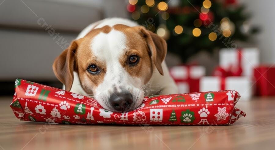 Cachorro branco e marrom deitado com presente de Natal em casa