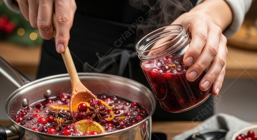 Mãos femininas preparando molho de cranberry em panela para feriado