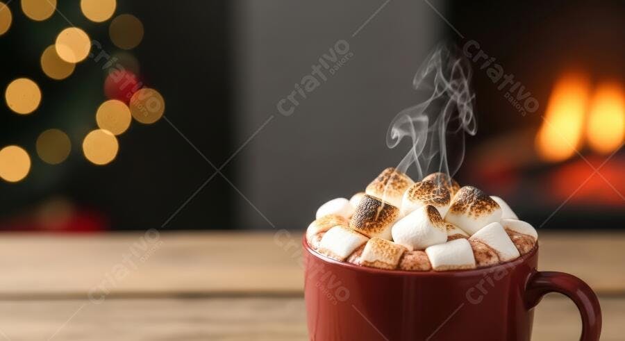 Caneca vermelha de chocolate quente com marshmallows torrados junto à lareira e luzes