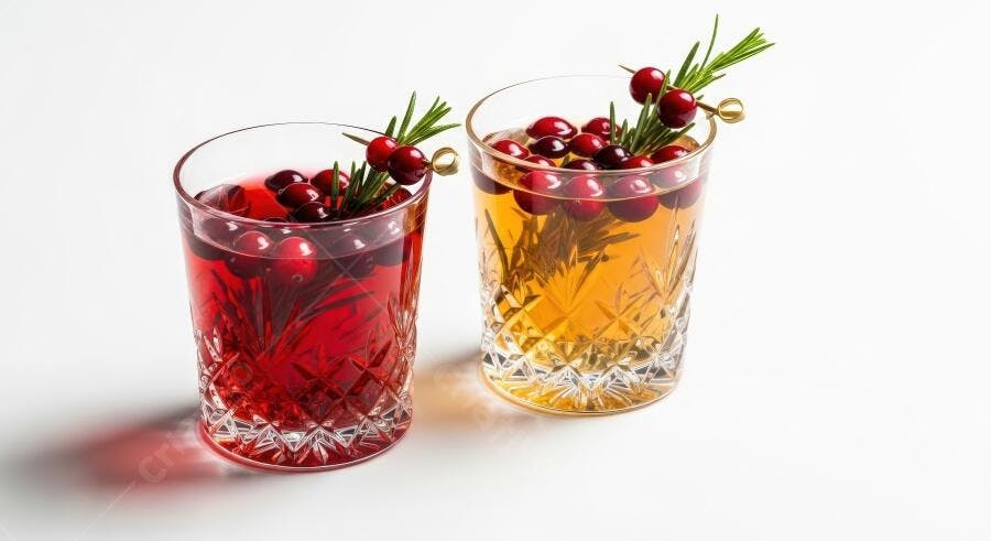 Coquetéis de cranberry e alecrim em copos decorados sobre fundo branco