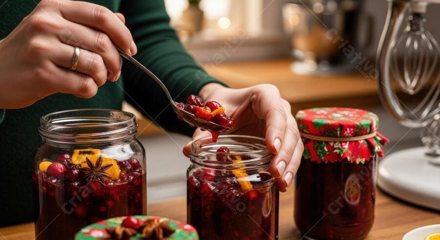 Mãos femininas preparando geleia de cranberry com especiarias para festas de fim de ano