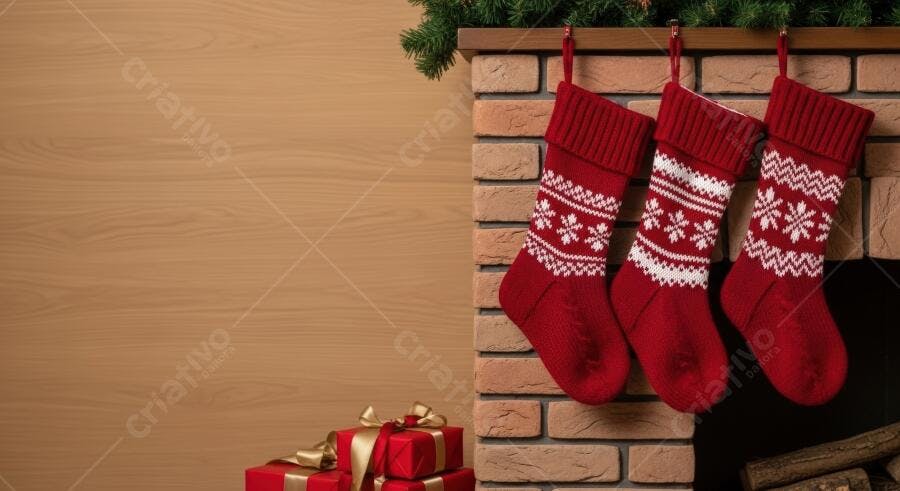 Meias de Natal vermelhas penduradas na lareira com presentes