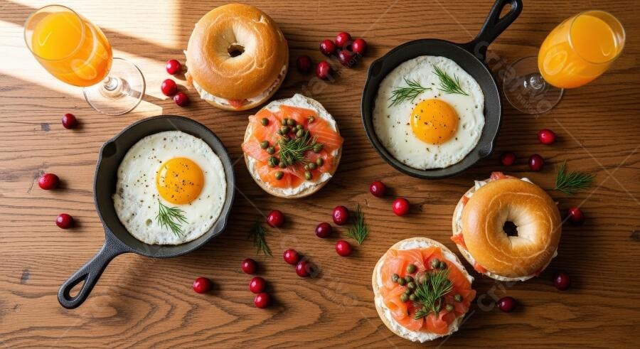 Café da manhã americano com bagels salmão ovos fritos e suco de laranja