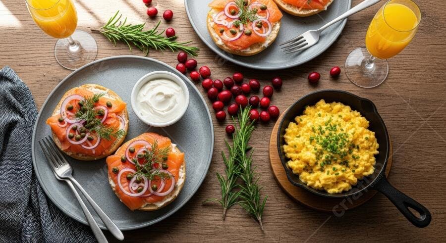 Bagels com salmão e ovos mexidos em mesa de café da manhã com suco de laranja