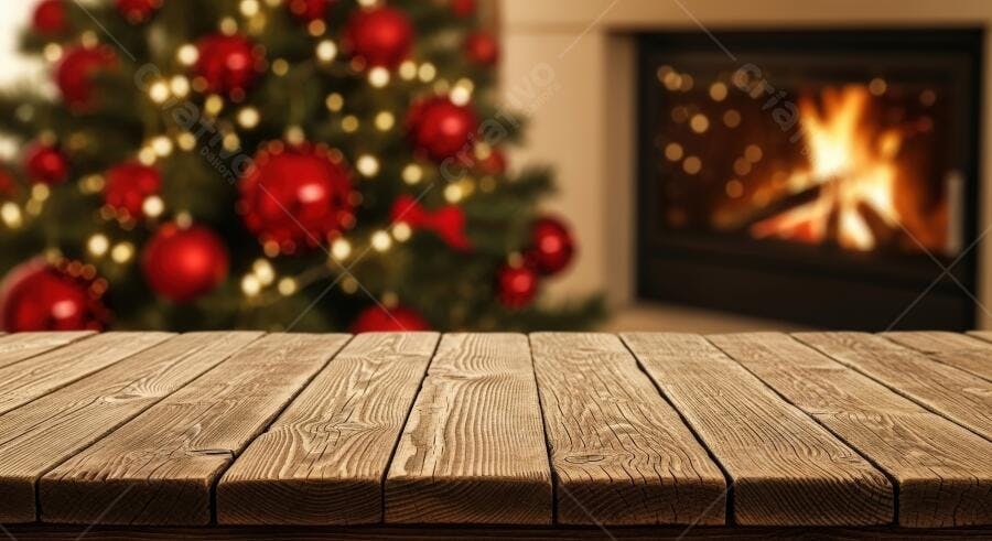 Mesa de madeira rústica com árvore de Natal e lareira acesa ao fundo