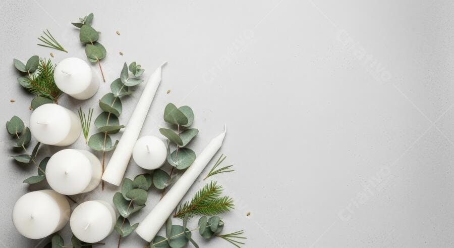 Velas brancas e folhagem de eucalipto e pinho em fundo cinza claro