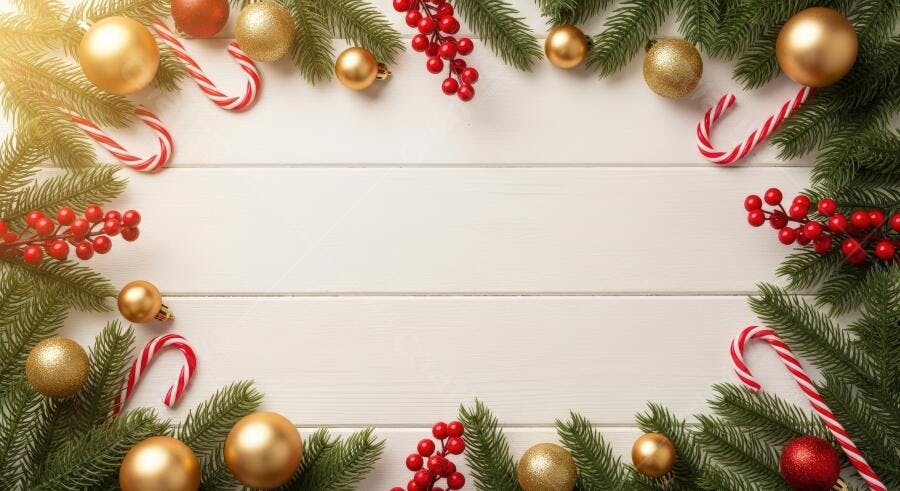 Decoração de Natal festiva ramos de pinho bolas douradas e bengalas doces fundo madeira branca