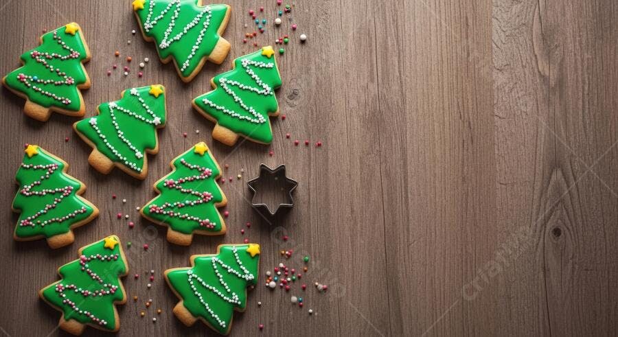 Biscoitos de árvore de Natal com glacê verde e granulados coloridos em madeira