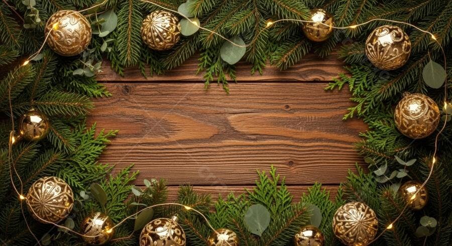 Decoração de Natal ramos de pinho bolas douradas e luzes em fundo de madeira rústica