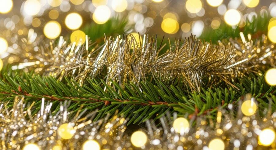Textura natalina pinheiro e tinsel dourado com luzes bokeh para fundo festivo
