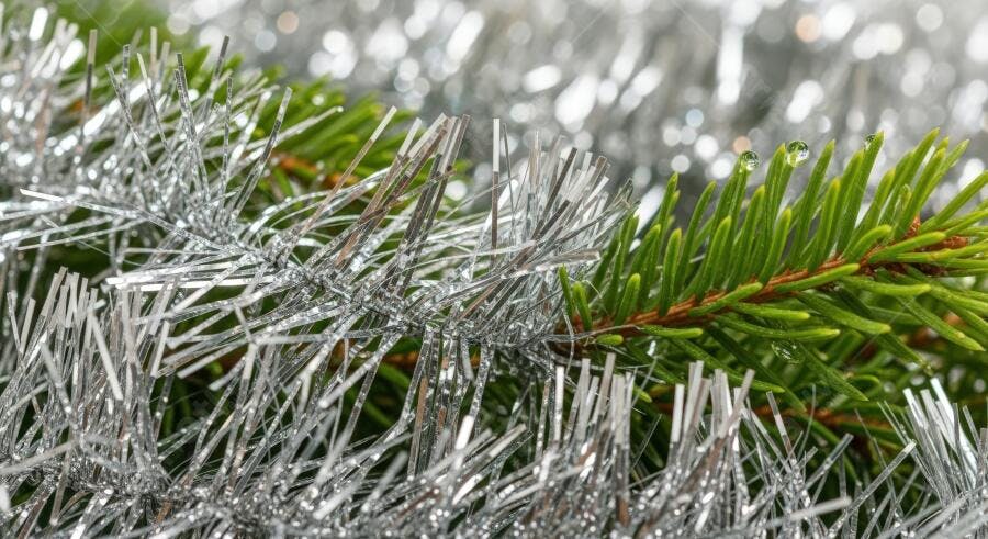 Textura galho natalino e tinsel prateado para fundo festivo