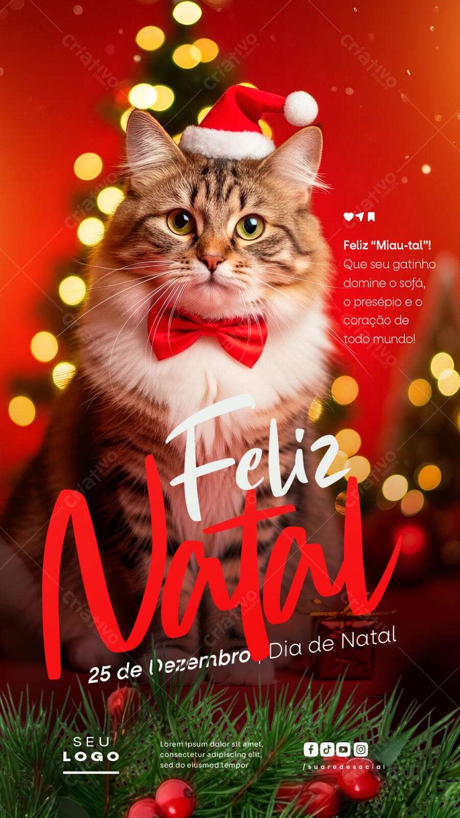 Story de Natal com Gatinho de Gorro Vermelho PSD Editável
