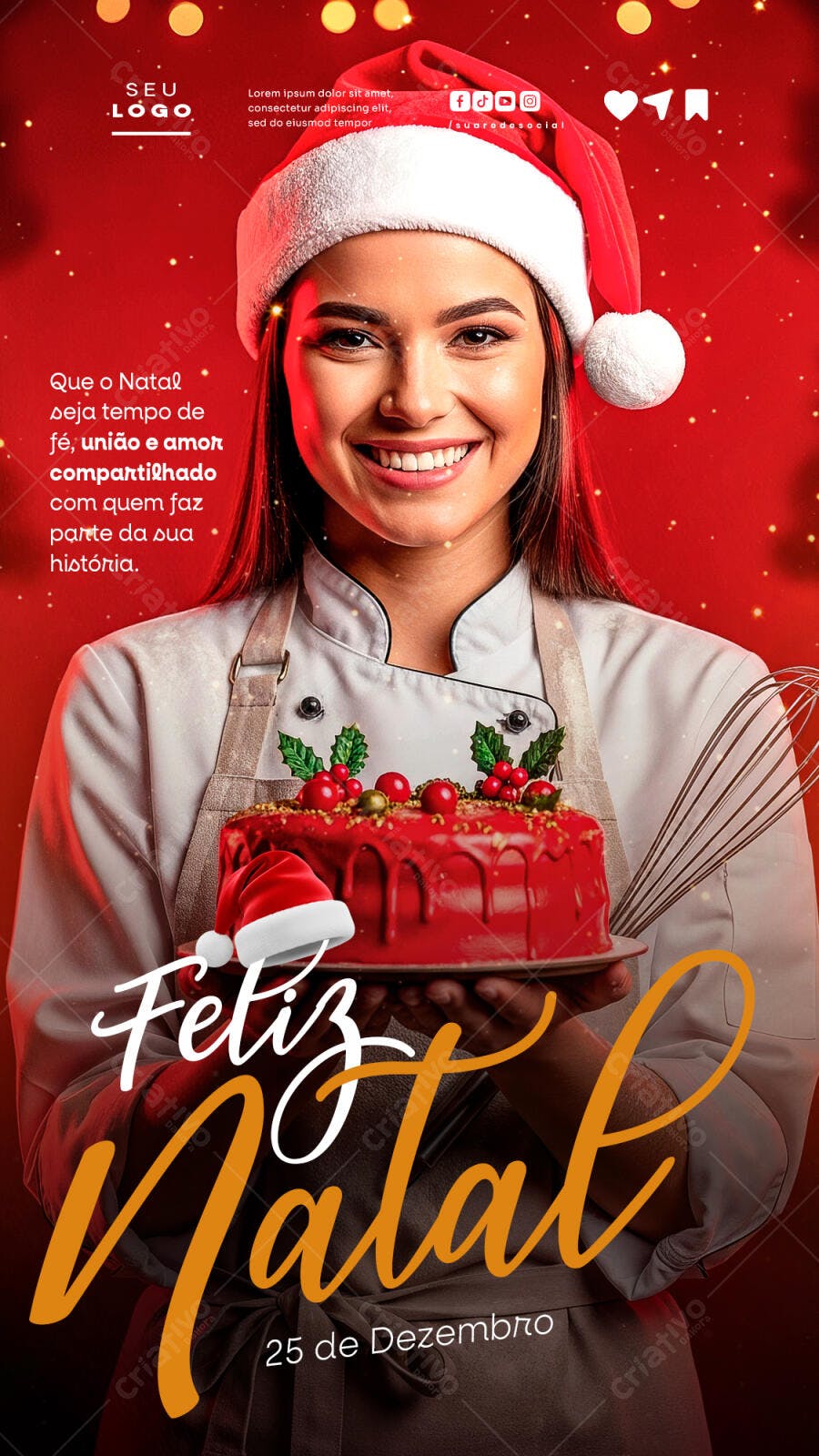 Flyer para Natal Confeiteira Bolo Festivo Vermelho PSD Editável