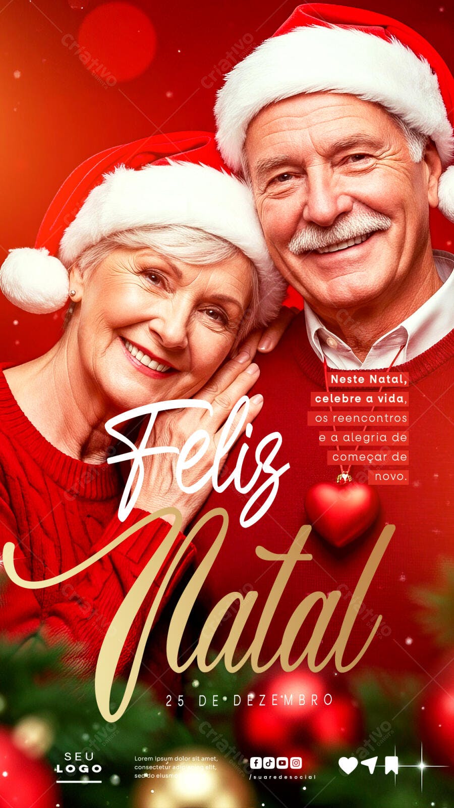 Post Feliz Natal Casal Idoso Sorridente PSD Editável