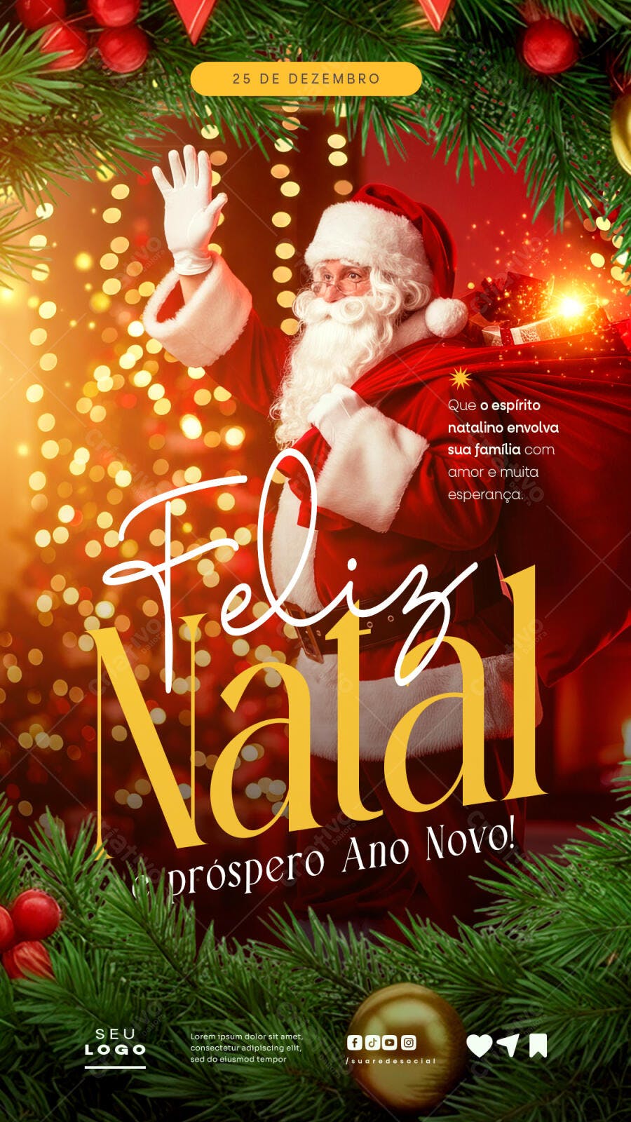 Story de Feliz Natal com Papai Noel e Mensagem PSD Editável