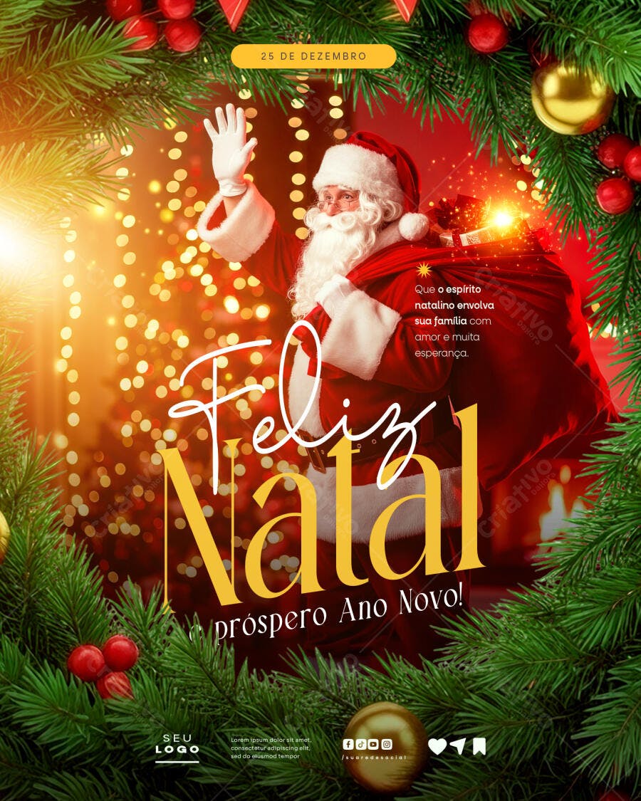 Post Redes Sociais para Natal e Ano Novo com Papai Noel PSD Editável