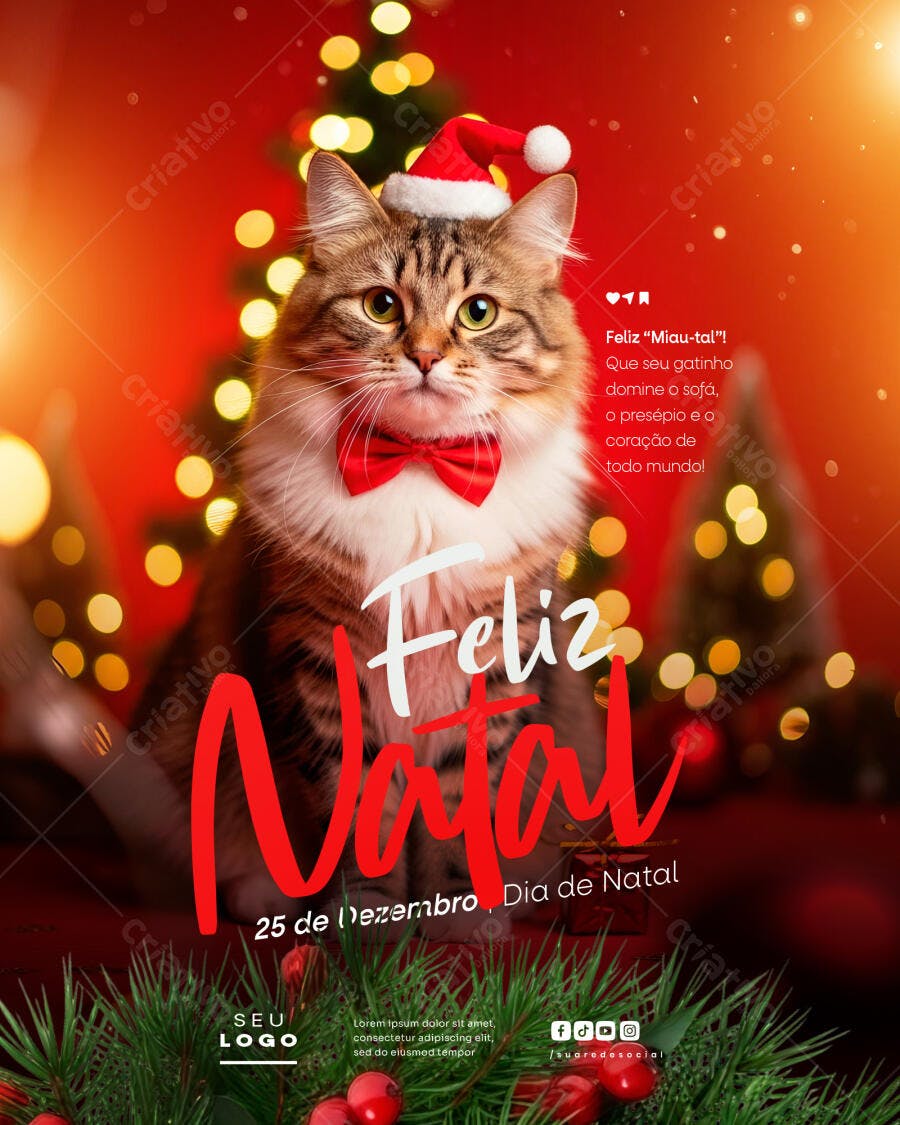 Flyer Natal Gato Fofo Mensagem Miau-tal PSD Editável