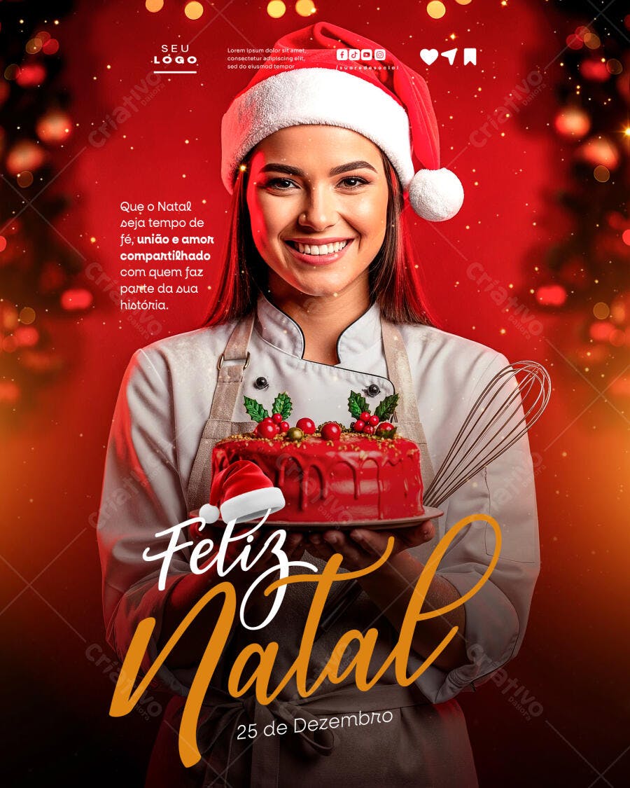 Flyer de Natal Confeiteira Bolo Vermelho PSD Editável