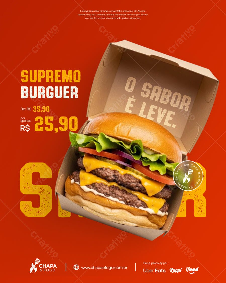 Flyer para Promoção Supremo Burguer R$ 25,90 PSD Editável