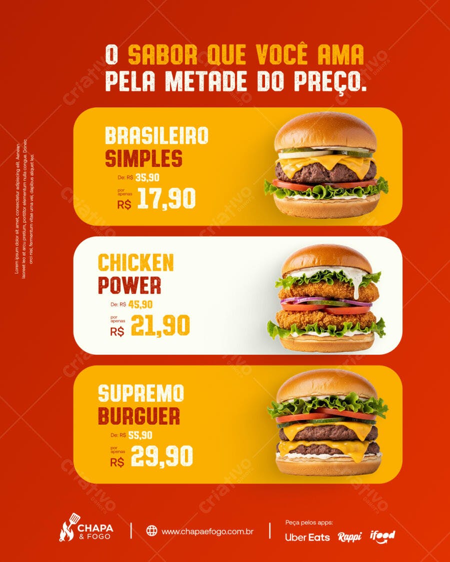 Flyer de Lanchonete Promoção de Hambúrgueres PSD Editável