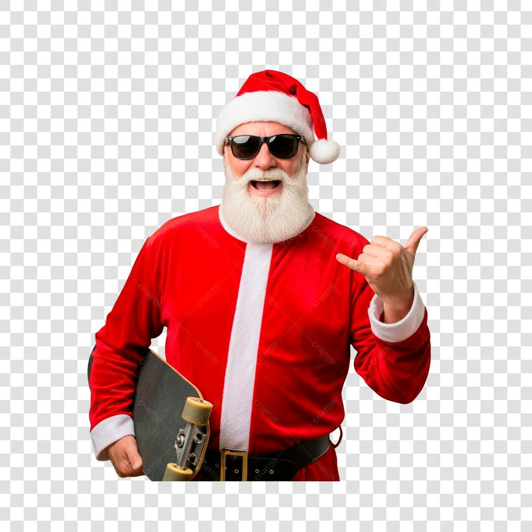 Ilustração Papai Noel Skatista Moderno Óculos de Sol Shaka PNG com fundo transparente
