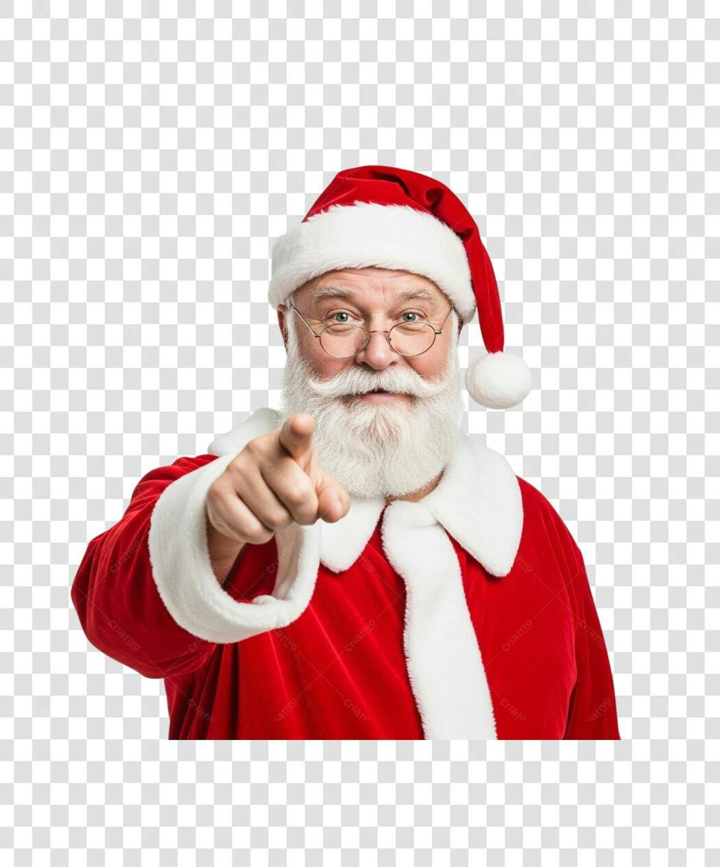Papai Noel Natalino Apontando Roupa Vermelha Branca Sorrindo PNG com fundo transparente