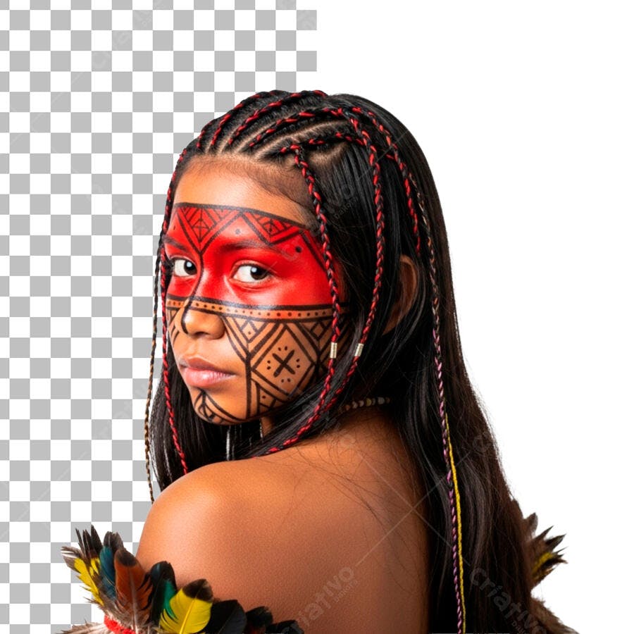 Imagem Jovem Indígena Brasileira Pintura Facial Vermelha Penas PNG com fundo transparente