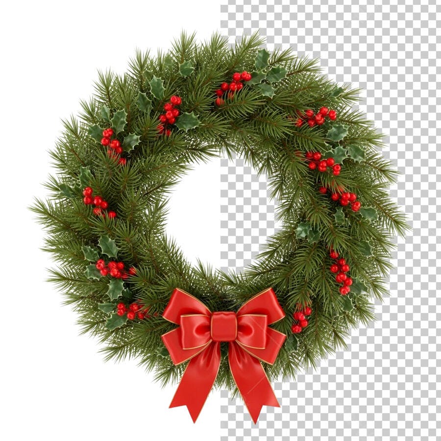 Guirlanda de Natal com laço vermelho e azevinho PNG com fundo transparente