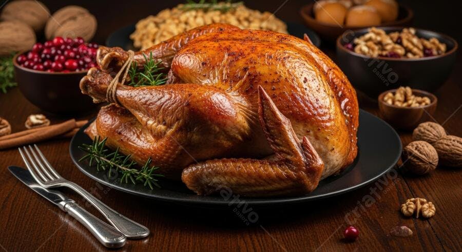 Peru assado dourado com alecrim e cranberries em mesa de madeira escura para ceia de Natal