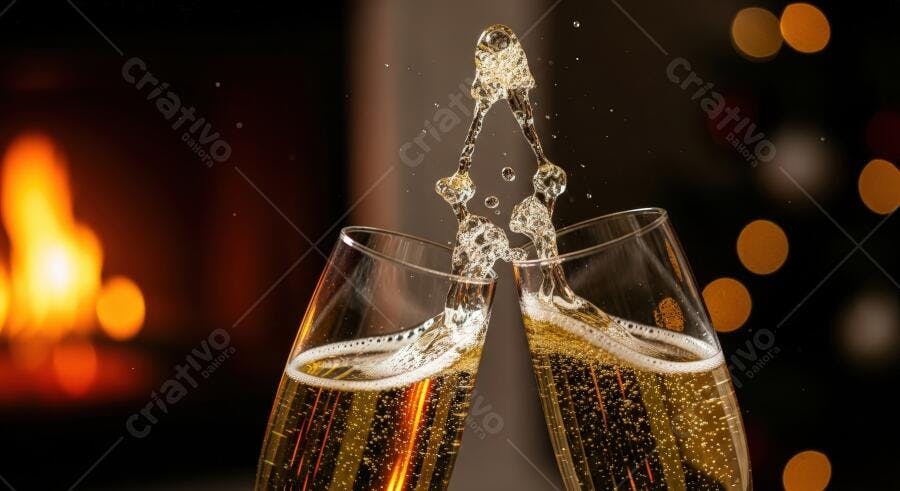 Taças de champanhe brindando com respingos e lareira ao fundo