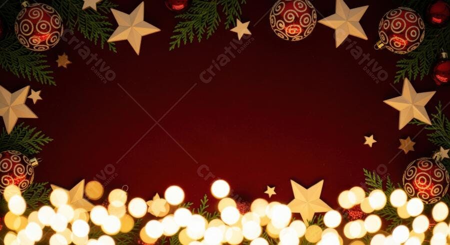 Moldura natalina festiva com estrelas douradas luzes bokeh e pinheiro