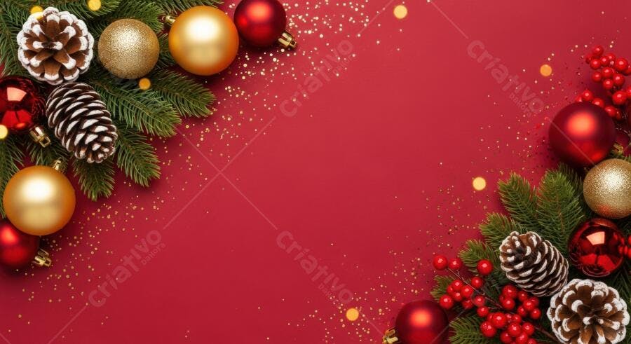 Decorações de Natal festivas em vermelho e dourado com pinhas e ramos de pinheiro