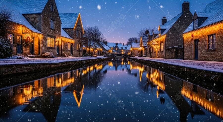 Aldeia de pedra iluminada com luzes de Natal na neve ao lado de canal à noite
